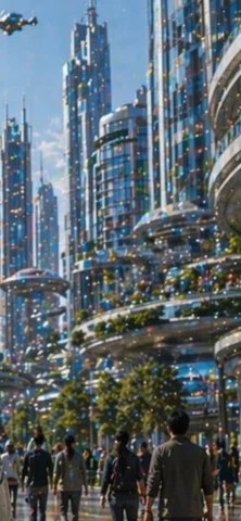 Futuristic Utopian City Boulevard — Nano Banana 2 AI Prompt: Create a tall vertical 9:16 cinematic concept-art scene of a bright futuristic c...