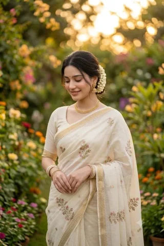 Indian Saree Garden Portrait — Nano Banana 2 AI Prompt: Create a high-quality professional portrait photograph of a young Indian woman s...
