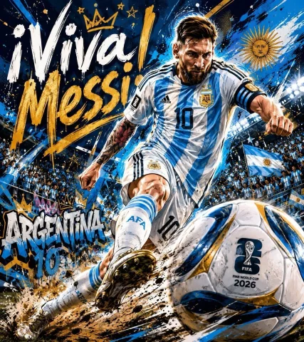 Lionel Messi Street Art Football Poster — Nano Banana 2 AI Prompt: A dynamic illustrated football poster in explosive street art style, featuring L...
