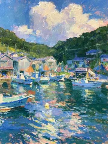 Quiet Japanese Fishing Harbor Oil Painting — Nano Banana 2 AI Prompt: traditional oil paintings, the rich texture of oil paint, bold brushstrokes, the...