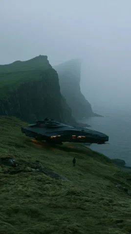 Black Spacecraft Over Mossy Sea Cliffs — Nano Banana 2 AI Prompt: A sleek matte-black futuristic spacecraft hovering low above a lush moss-covered...