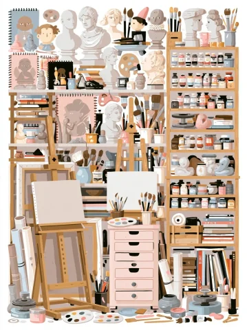 Pastel Flat Artist Studio Scene — Nano Banana 2 AI Prompt: A cozy artist studio interior filled with wooden easels, canvases, paint brushes...