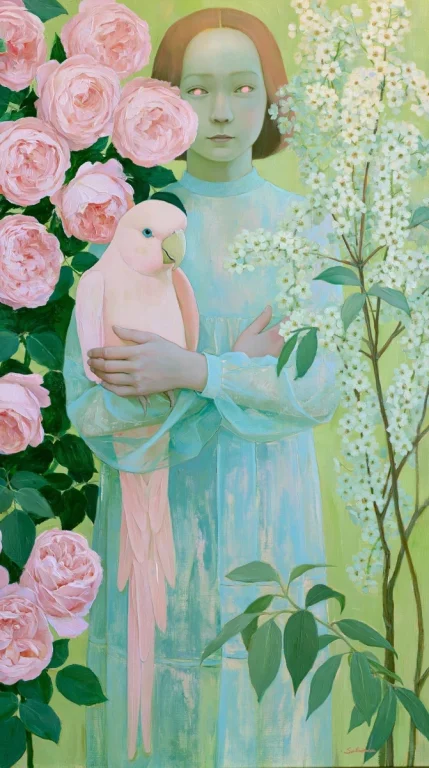 Girl in Blue With Pink Parrot