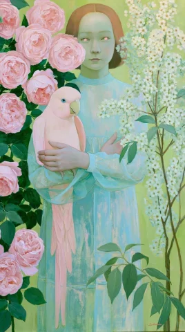 Girl in Blue With Pink Parrot — Nano Banana 2 AI Prompt: A girl in a soft pastel blue dress, slightly transparent and light, a soft pink...