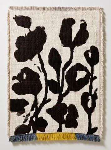 Woven Blanket With Abstract Florals — Nano Banana 2 AI Prompt: a flat lay of a woven blanket with an abstract floral design in dark brown and b...