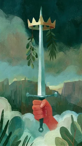 Ace of Swords Tarot Scene — Nano Banana 2 AI Prompt: A single upright silver sword held firmly by a hand emerging from a cloud, a gol...