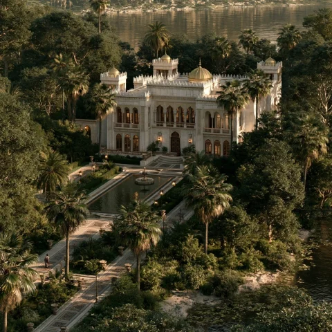 White Stone Estate on Oasis Planet — Nano Banana 2 AI Prompt: House of Skyewalker, residence's estate over 10 acres of green gardens, Middle E...