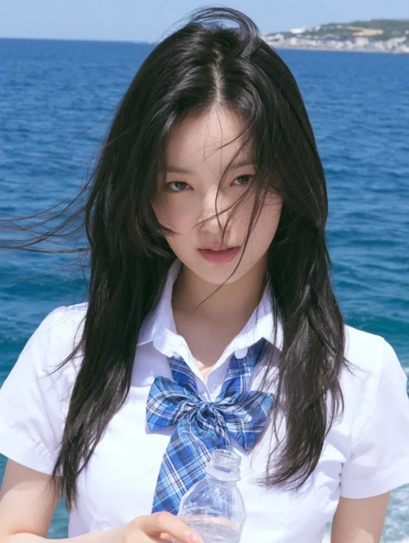Korean Schoolgirl by Summer Sea