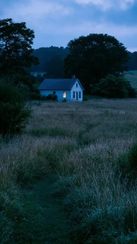 Lonely Farmhouse at Blue Hour — Nano Banana 2 AI Prompt: A lonely farmhouse in the distance at blue hour, one warm window glowing softly...