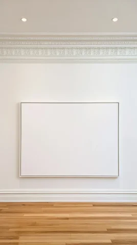 Blank White Canvas on Gallery Wall — Nano Banana 2 AI Prompt: a bright, well lit, eye level indoor shot featuring a white blank canvas inside...