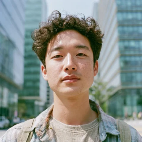 Gangnam Street Style on 35mm Film — Nano Banana 2 AI Prompt: 35mm film photo of a handsome young Korean-Japanese male in his early-to-mid 20s...