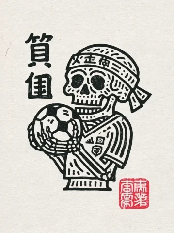 Skeleton Soccer Fan Line Art — Nano Banana 2 AI Prompt: a nero skeleton soccer fan holding a soccer ball , bold thick lines black and wh...