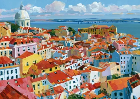 Plein Air Lisbon Aerial View — Nano Banana 2 AI Prompt: plein air painting of an aerial wide shot captures lisbon, portugal, with a vibr...