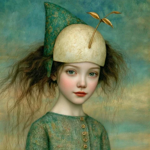 Porcelain Mask With Golden Sprout — Nano Banana 2 AI Prompt: The Mask of Hope, whimsical open-eyed joyful girl wearing a simple porcelain mas...