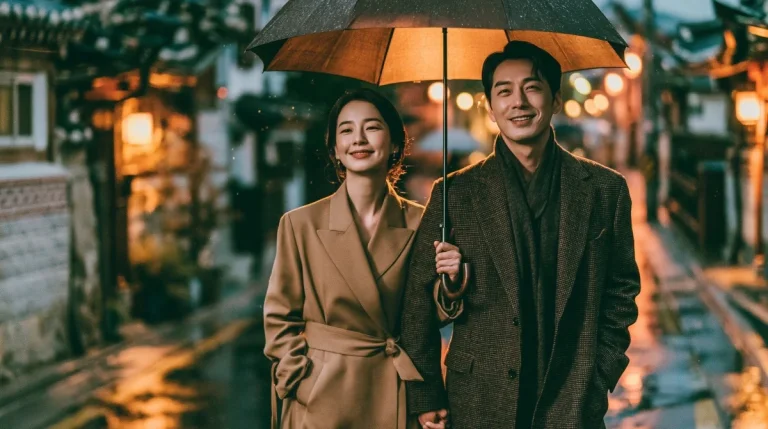 Korean Couple Under One Umbrella