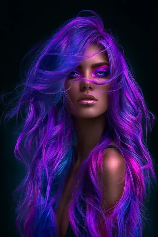 Purple Hair Portrait on Black — Nano Banana 2 AI Prompt: A woman with long, thick, bright purple hair. Black background --ar 2:3 --profil...