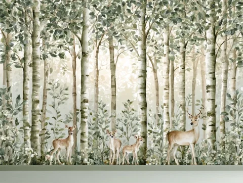 Watercolour Deer Family Forest Mural — Nano Banana 2 AI Prompt: A wide mural of a forest at dawn with a family of deer, birch trees and soft lig...