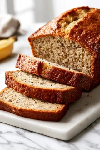 Greek Yogurt Banana Bread on Marble — Nano Banana 2 AI Prompt: Realistic homemade Greek Yogurt Banana Bread loaf with several slices cut, moist...