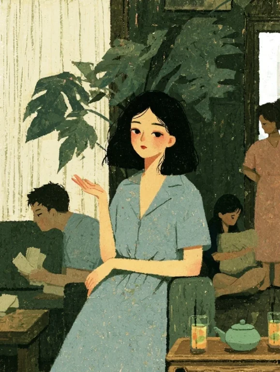 Woman in Chinese Watercolor Living Room