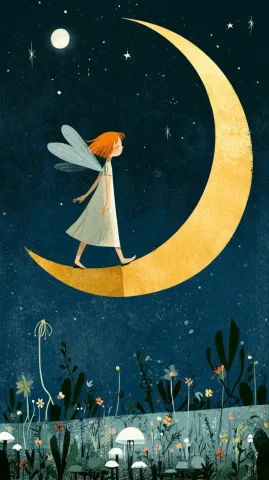 Fairy Walking on Crescent Moon — Nano Banana 2 AI Prompt: a fantastical illustration shows a fairy walking on a crescent moon under a star...