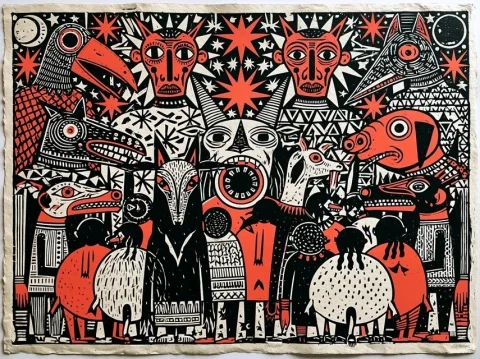 Mythic Sky Festival Woodcut — Nano Banana 2 AI Prompt: imagine/Monumental mythological sky festival, sacred cosmic celebration, hybrid...