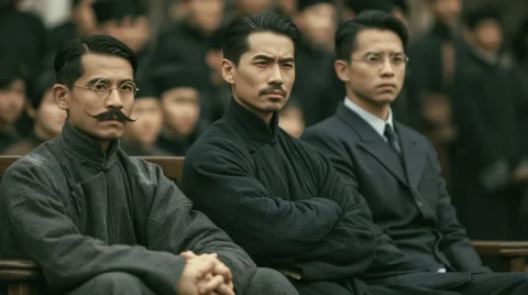 Republican Era Scholars on a Bench — Nano Banana 2 AI Prompt: Three male intellectuals of the Republic of China era sitting side by side on a...