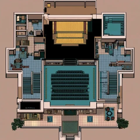 Pixel Art Theater Floor Plan — Nano Banana 2 AI Prompt: pixel art technical floor plan layout, top down, 16-bit style, theater venue wit...