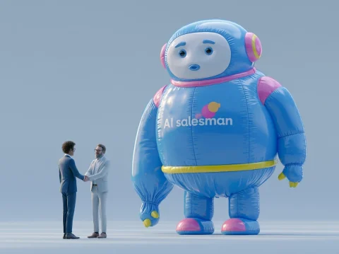 Deflating AI Salesman Robot Satire — Nano Banana 2 AI Prompt: Glossy 3D render, satirical editorial scene. A giant shiny inflatable robot masc...