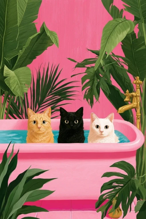 Three Cats in a Pink Clawfoot Tub