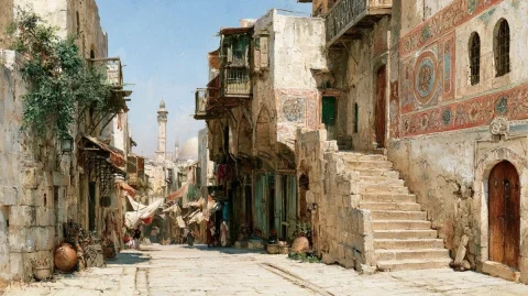 Mamluk Street Scene In Old Jerusalem — Nano Banana 2 AI Prompt: a painting by Augustus Osburne, an old high income street in Jerusalem with plas...