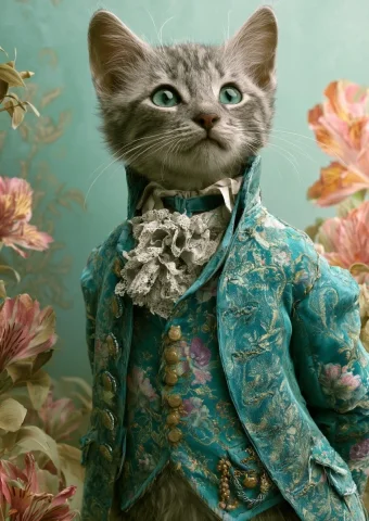 Aristocrat Kitten in Fairy Tale Tailcoat — Nano Banana 2 AI Prompt: Kitten in realistic count clothes on fairy tale art fantasy light background. Ta...