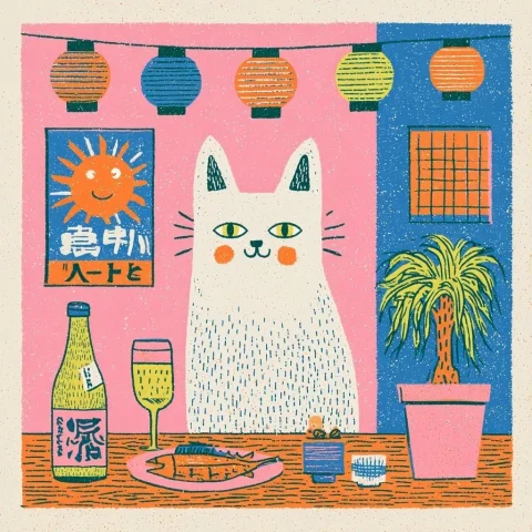Cat Izakaya in Lantern-Lit Alley — Nano Banana 2 AI Prompt: A cute cat running a traditional Japanese izakaya; a cozy alleyway in good old J...