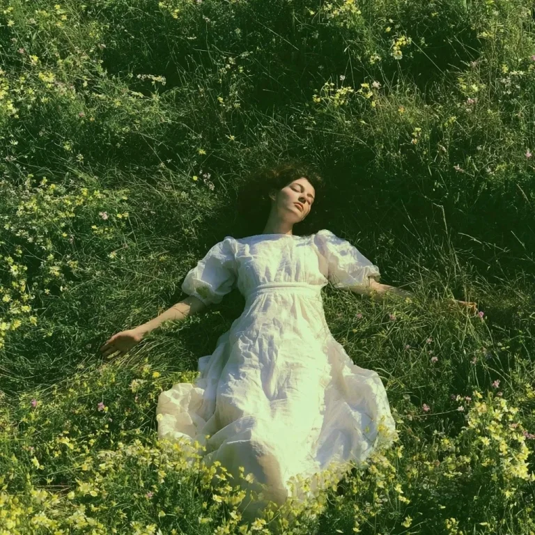 Overhead White Dress in Wildflower Grass