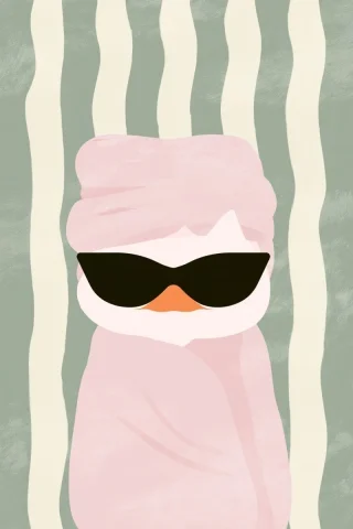 Retro Cat In Pink Towel Turban — Nano Banana 2 AI Prompt: Minimalist hand-drawn digital illustration of a white cat with an orange beak we...