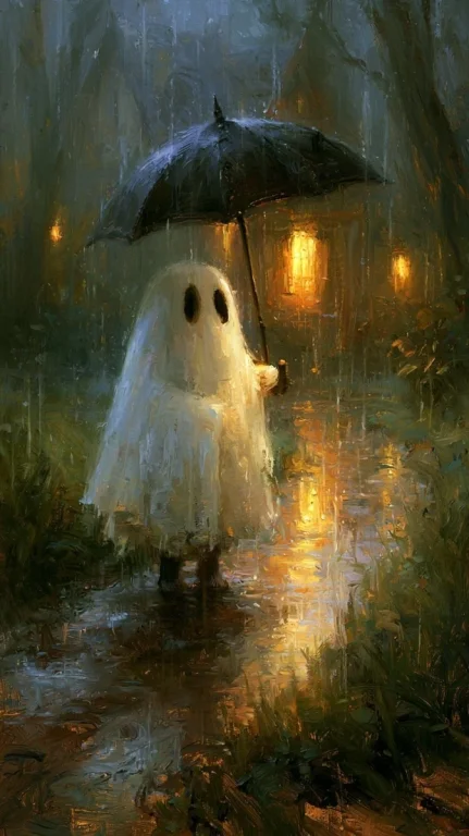 Sheet Ghost With Umbrella in Rain