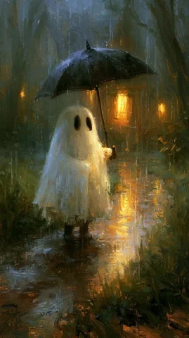 Sheet Ghost With Umbrella in Rain — Nano Banana 2 AI Prompt: Dark moody vintage oil painting, classic white sheet ghost with two large black...