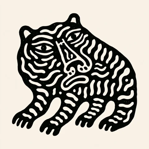 Brutalist Black Tiger Cutout — Nano Banana 2 AI Prompt: Rough abstract tiger, organic silhouette, primitive hand-cut shape, irregular fo...