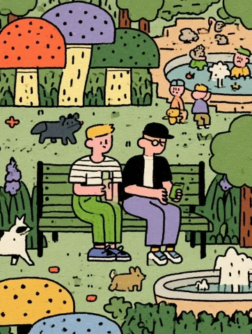 Park Bench Among Giant Mushrooms — Nano Banana 2 AI Prompt: Two men sitting on a park bench. Lots of giant funky looking mushrooms red spott...