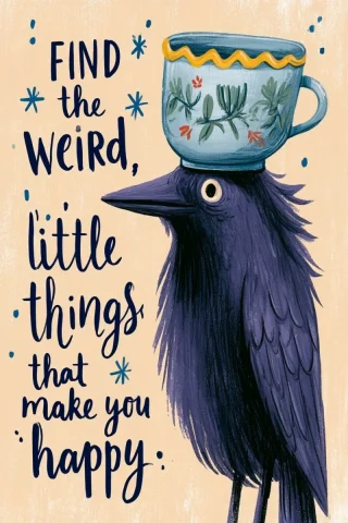 Purple Bird With Teacup Hat Quote — Nano Banana 2 AI Prompt: a full shot of an illustration depicting a purple bird with a light blue teacup...