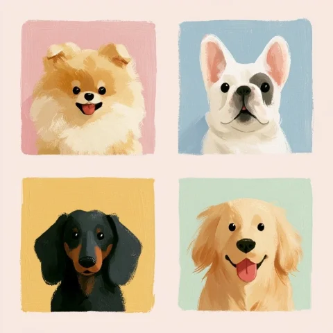 Four Dog Breeds Gouache Grid — Nano Banana 2 AI Prompt: funny flat gouache illustration portrait grid of four dog breeds, top-left pomer...