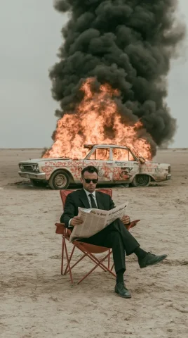 Deadpan Newspaper Beside Burning Car — Nano Banana 2 AI Prompt: A calm young man around 25-30 years old in a black suit and tie sitting on a red...