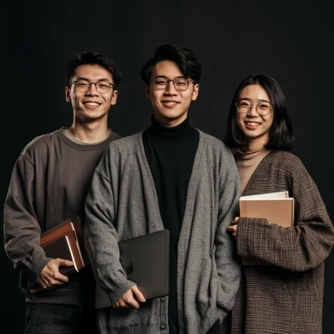 Hong Kong Students — Nano Banana 2 AI Prompt: 3 intelligence hong kong students, books and macbook on their hands. they are fa...