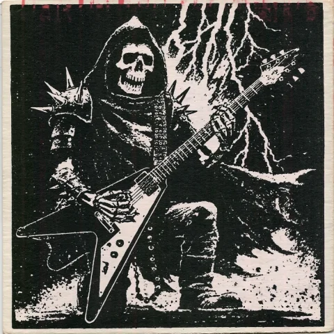 Skeleton Musician — Nano Banana 2 AI Prompt: A hooded skeleton with spiked armor playing a Flying V guitar, lightning flashin...