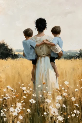 Mother in Golden Field — Nano Banana 2 AI Prompt: a painting of a woman with her back to the viewer, holding two children, one on...
