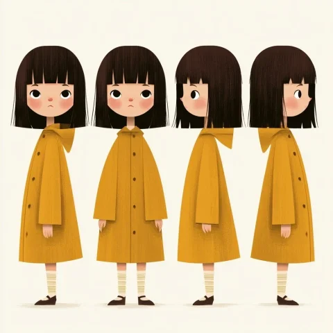 Children's Book Character Design — Nano Banana 2 AI Prompt: Children's book character design sheet, Poppy, half asian, 5-year-old girl, dark...