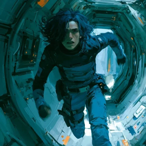 Futuristic Astronaut Running — Nano Banana 2 AI Prompt: pale man 25 with shoulder length dark blue hair. Wearing a black and blue space...