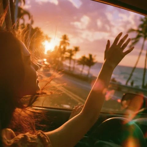Summer Road Trip — Nano Banana 2 AI Prompt: First-person POV from inside a car during a summer road trip, looking out throug...