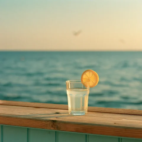 Dreamy Seaside — Nano Banana 2 AI Prompt: Square album cover, dreamy summer seaside scene, a simple glass of lemonade with...