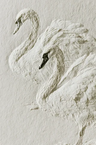 Refined Swan Design — Nano Banana 2 AI Prompt: a refined design of 2 swans pressed into thick handmade cotton paper using blind...