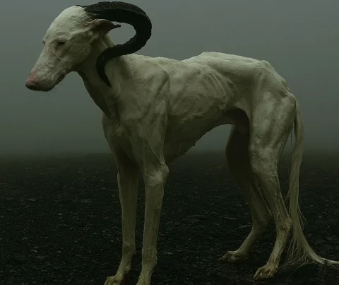Mysterious Horned Beast — Midjourney v6 AI Prompt: a pale, horned quadruped stands on dark, rocky ground, partially obscured by a t...
